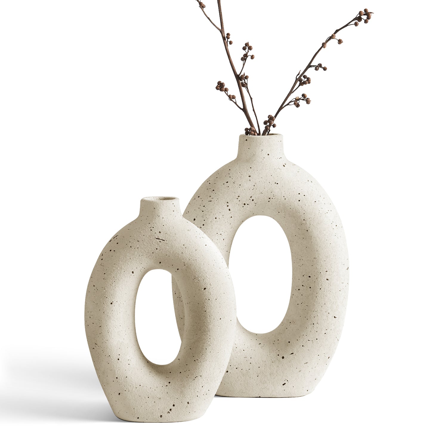 10.5" & 8.5" Ceramic Vase, Decorative White Donut Vase for Home Decor, Modern Farmhouse Neutral Flower Vase for Table Centerpiece, Living Room, Shelf, Entryway, Set of 2 Vase