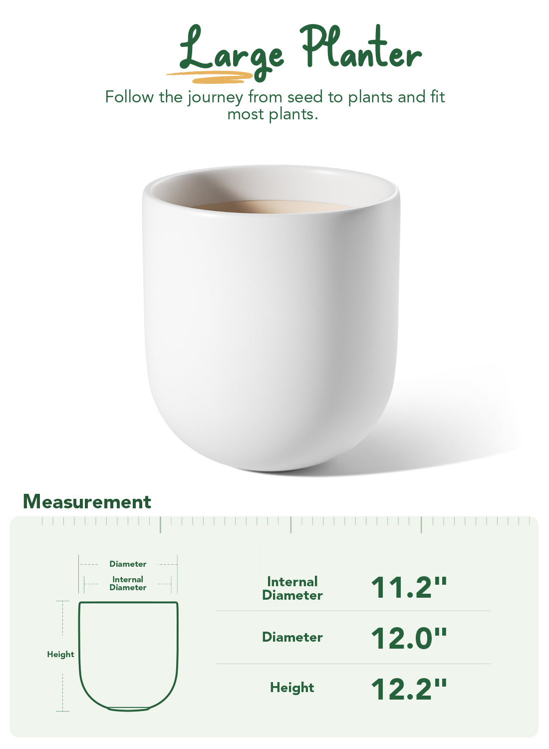 BEMAY 12" Ceramic Plant Pots, Large Flower Pots with Drain Holes & Plug Indoor Planter, White