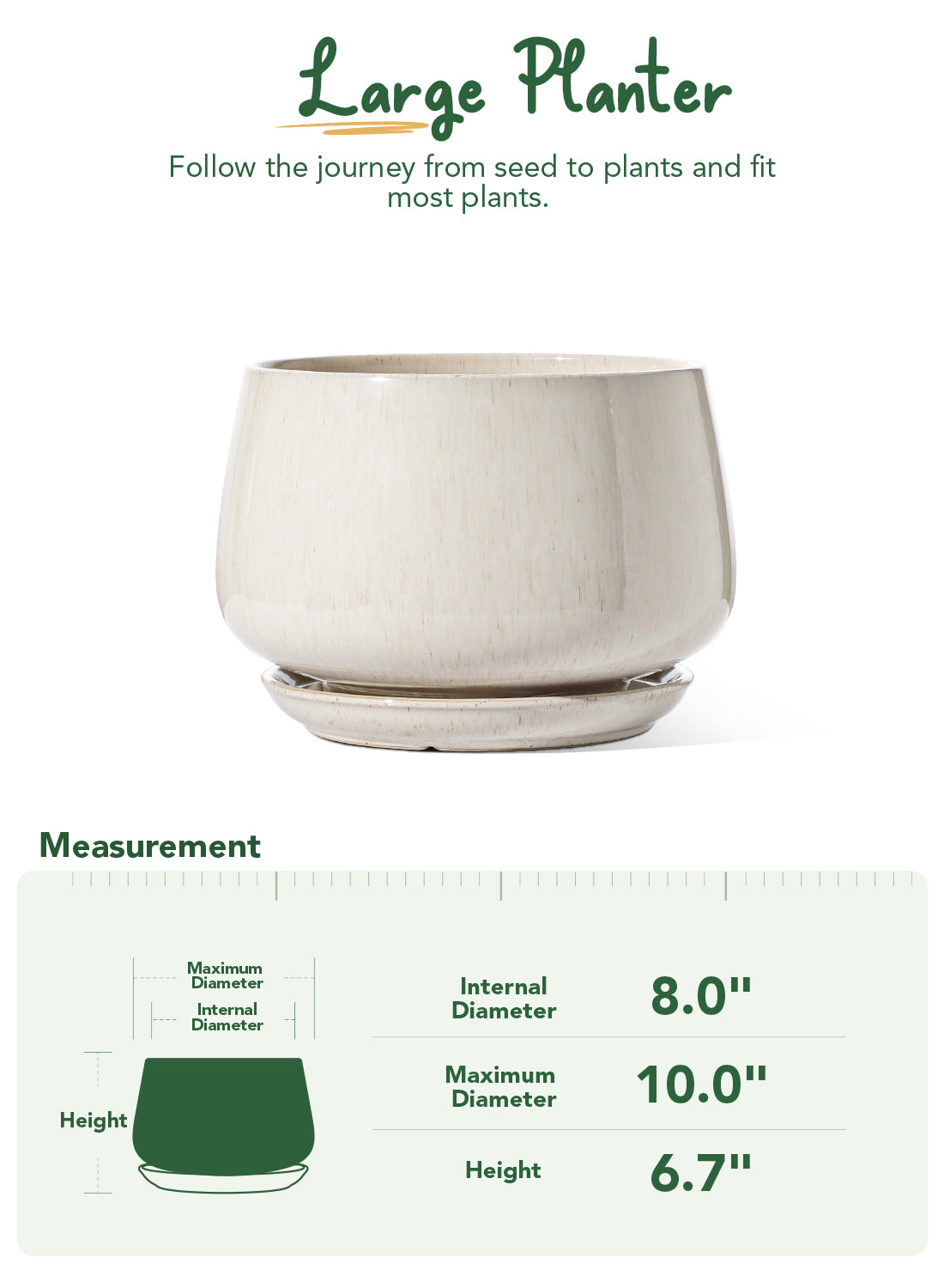 BEMAY 10 Inch Warm White Ceramic Plant Pot with Drainage Hole and Saucer, Textured Round Planter for Indoor Outdoor Plants, Flowers, Houseplants
