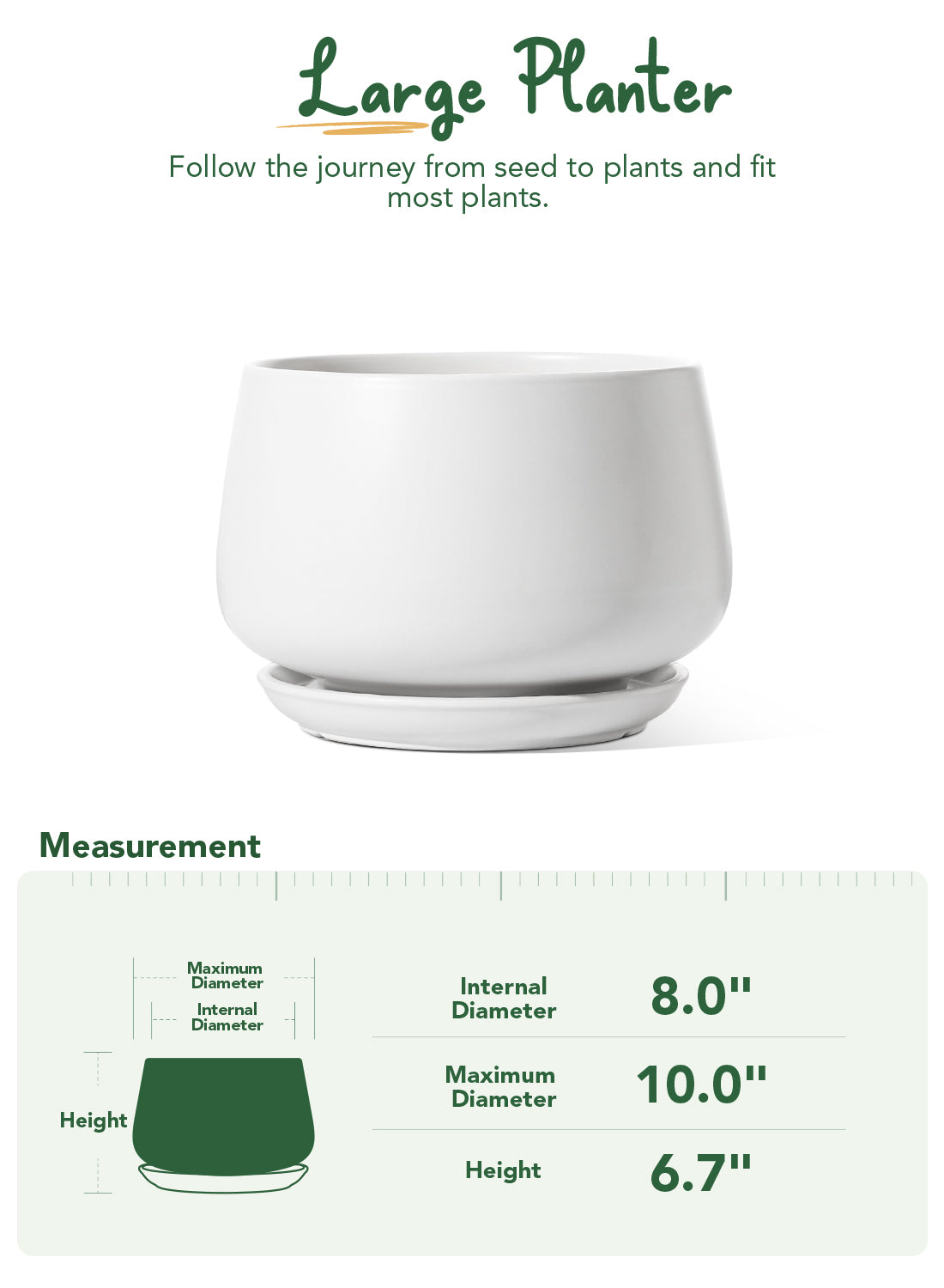 BEMAY 10" White Ceramic Plant Pot with Drainage Hole and Saucer, Round Indoor Outdoor Planter for Houseplants, Flowers, Monstera, Snake Plant(Plant Not Included)