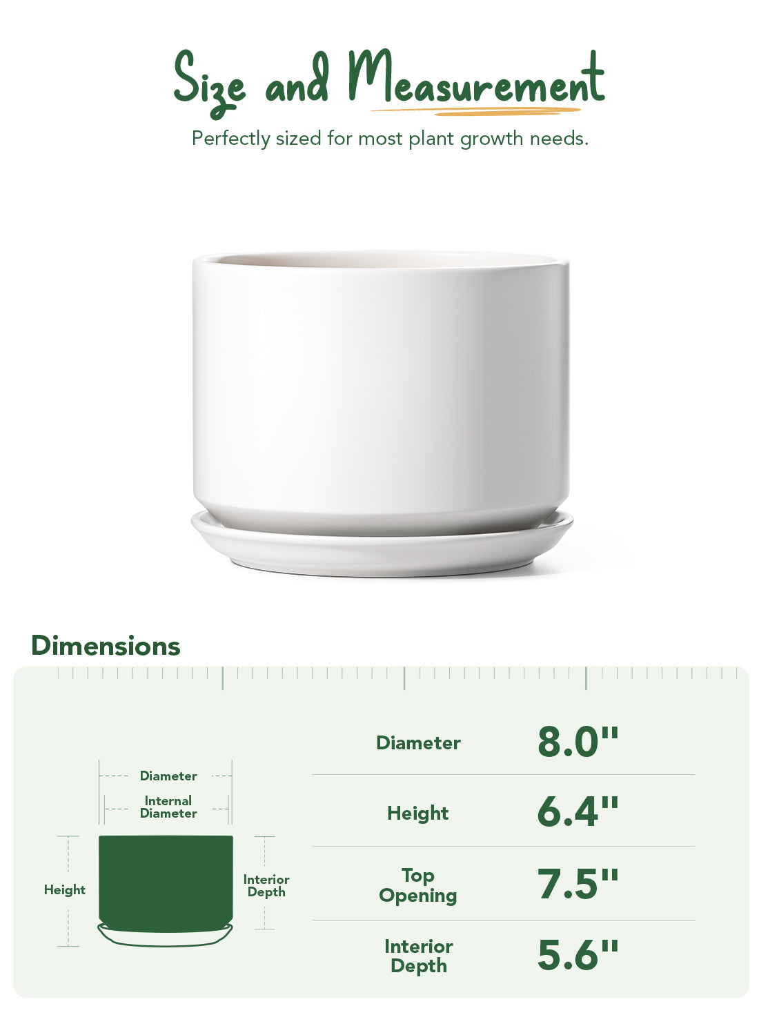 BEMAY 8 Inch Plant Pot for Indoor Plants, Ceramic Planter Pot with Drainage Hole and Attached Saucer, White Tabletop Flower Pot for Herbs, Succulents and Houseplants, Plant Not Included