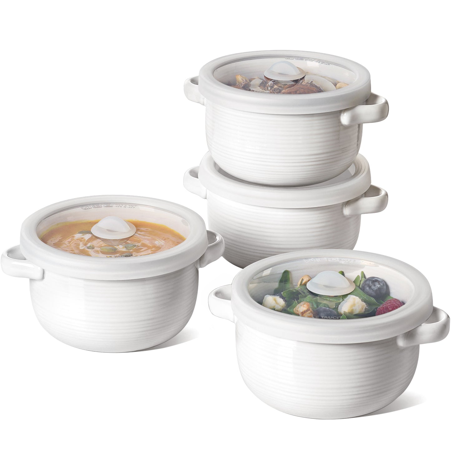 Set of 4 Ceramic Soup Bowls with Lids, 28oz French Onion Soup Crocks, Microwave & Oven Safe Ceramic Bowl, White