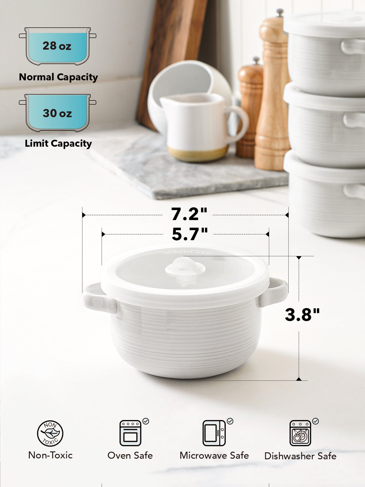 Set of 4 Ceramic Soup Bowls with Lids, 28oz French Onion Soup Crocks, Microwave & Oven Safe Ceramic Bowl, White