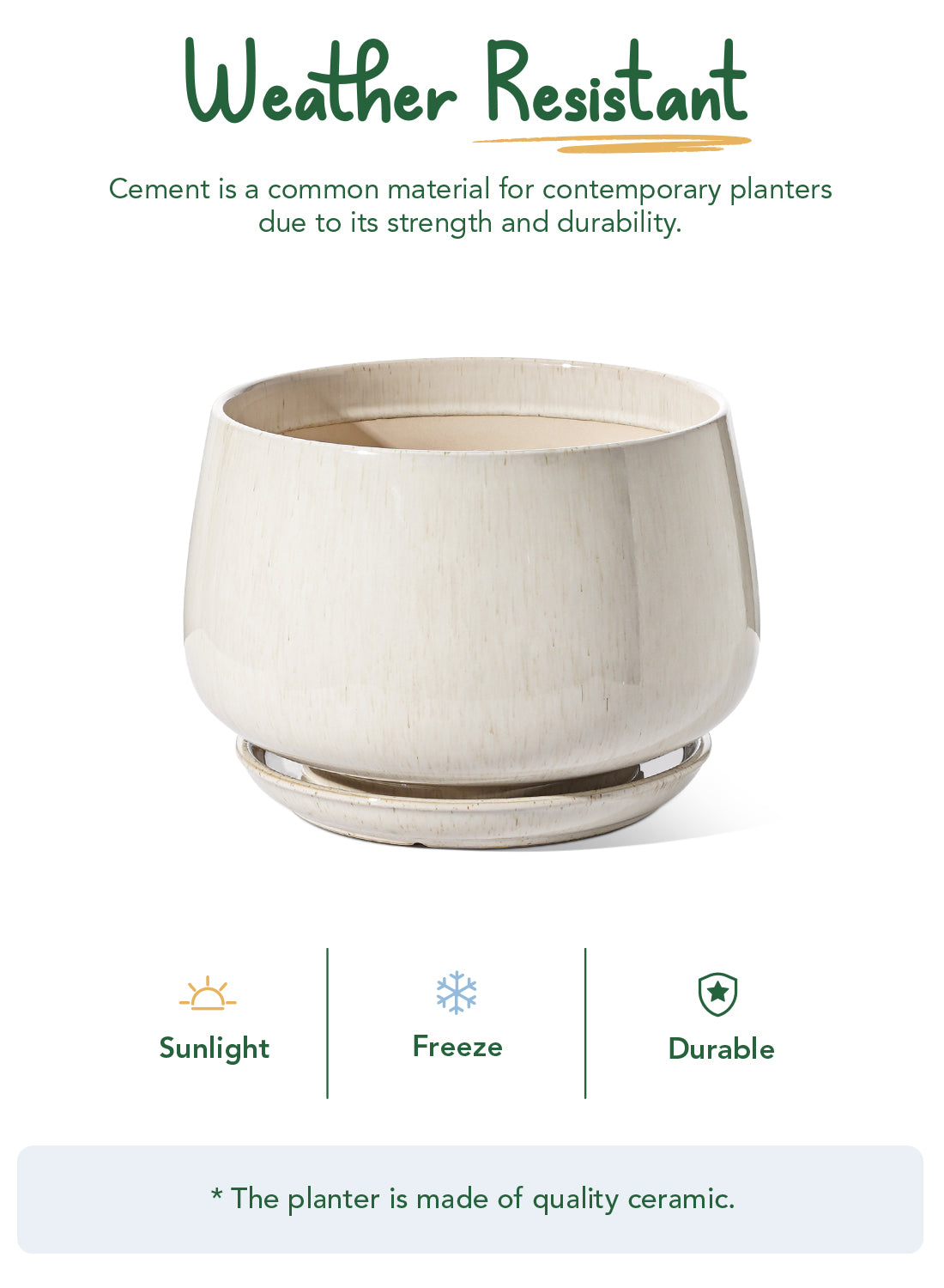 BEMAY 10 Inch Warm White Ceramic Plant Pot with Drainage Hole and Saucer, Textured Round Planter for Indoor Outdoor Plants, Flowers, Houseplants