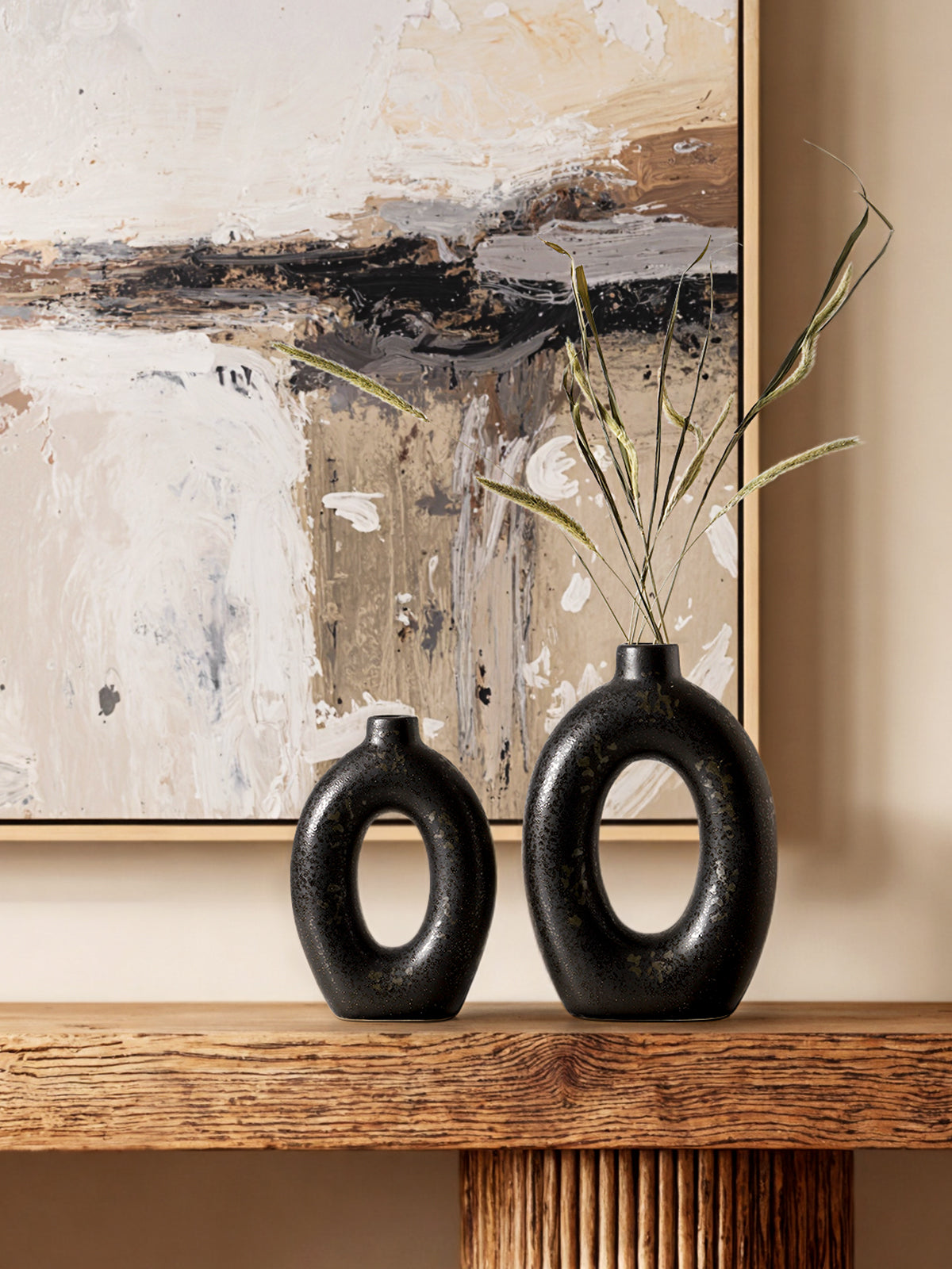 10.5” & 8.5” Black Ceramic Vase Set of 2, Modern Decorative Donut Vase for Home Decor, Contemporary Flower Vase for Table Centerpiece, Living Room, Shelf & Entryway