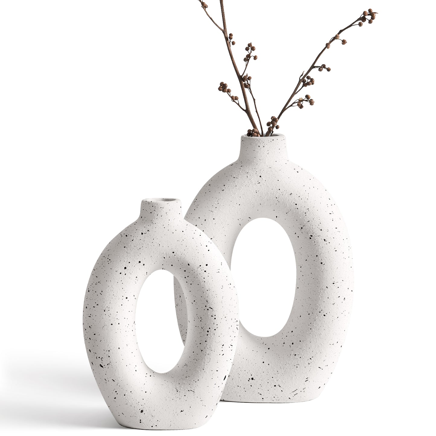 Set of 2 (8.5"+10") Speckled White Ceramic Donut Vases for Minimalist Home Decor, Living Room or Entryway Display