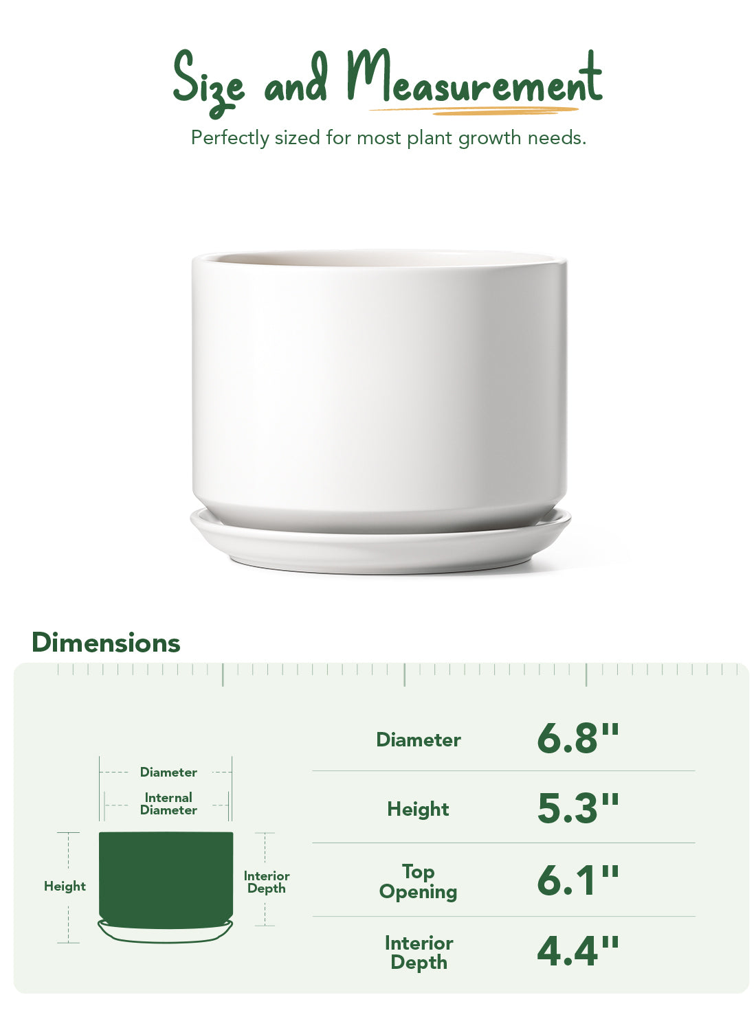 BEMAY 6.8" Plant Pot for Indoor Plants, Ceramic Planter Pot with Drainage Hole and Attached Saucer, White Flower Pot for Succulents, Herbs and Houseplants, Plant Not Included
