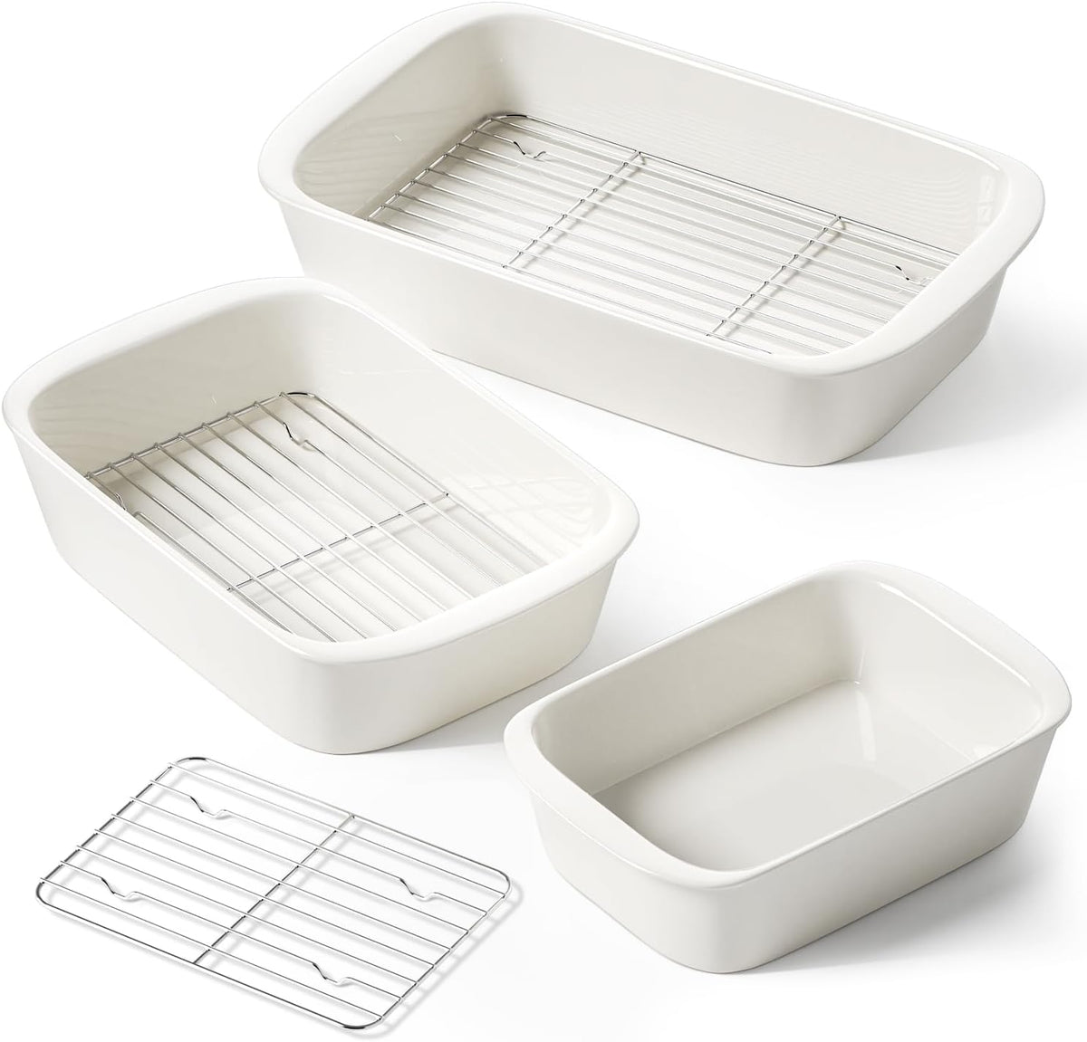 Ceramic Baking Dish Set for Oven, 3-Piece Deep Casserole and Lasagna Pan Set with Handles & Roasting Racks