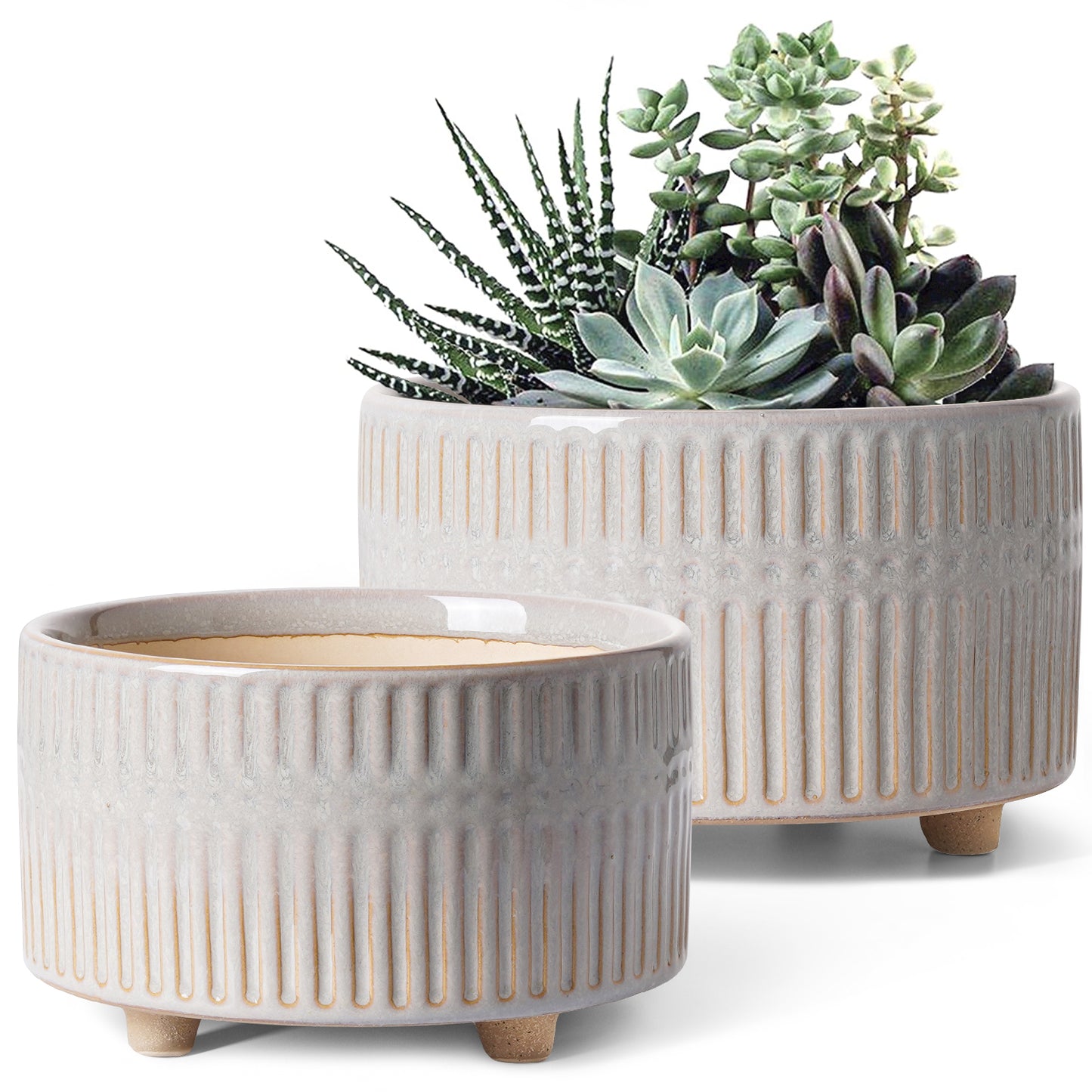 BEMAY 2-Pack Ceramic Succulent Pots with Drainage Holes, 6.3 in and 7.8 in Star White Indoor Planters with Mesh Pads and Silicone Plugs, Plant Pots for Cactus, Herbs and Houseplants