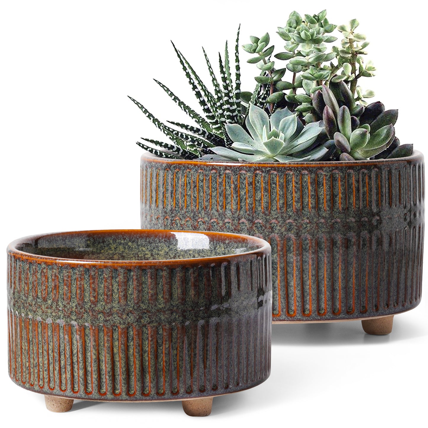 BEMAY 2-Pack Ceramic Succulent Pots with Drainage Holes, 6.3"& 7.8" Indoor Planters with Mesh Pads, Silicone Plugs and Felt Feet for Cactus and Houseplants Plant Pots,Reactive Glaze Black Pots