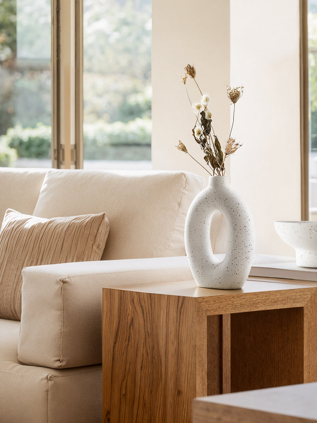 Set of 2 (8.5"+10") Speckled White Ceramic Donut Vases for Minimalist Home Decor, Living Room or Entryway Display