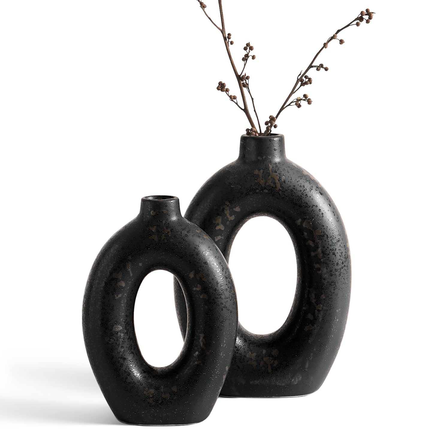 10.5” & 8.5” Black Ceramic Vase Set of 2, Modern Decorative Donut Vase for Home Decor, Contemporary Flower Vase for Table Centerpiece, Living Room, Shelf & Entryway