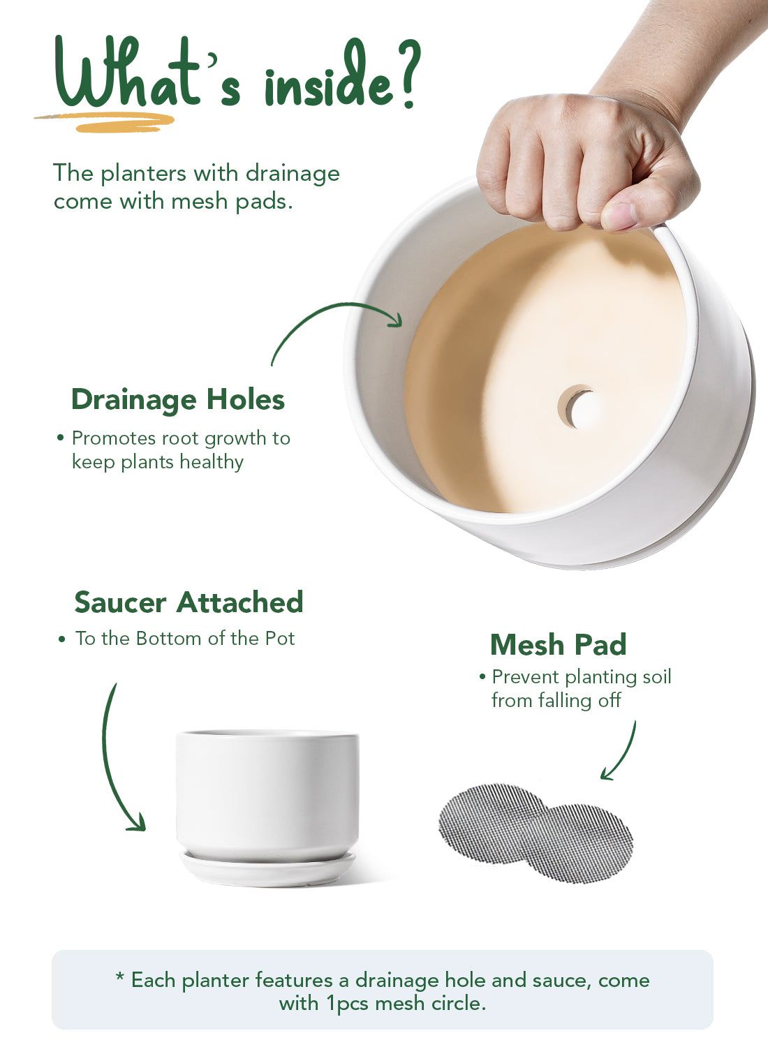 BEMAY 6.8" Plant Pot for Indoor Plants, Ceramic Planter Pot with Drainage Hole and Attached Saucer, White Flower Pot for Succulents, Herbs and Houseplants, Plant Not Included