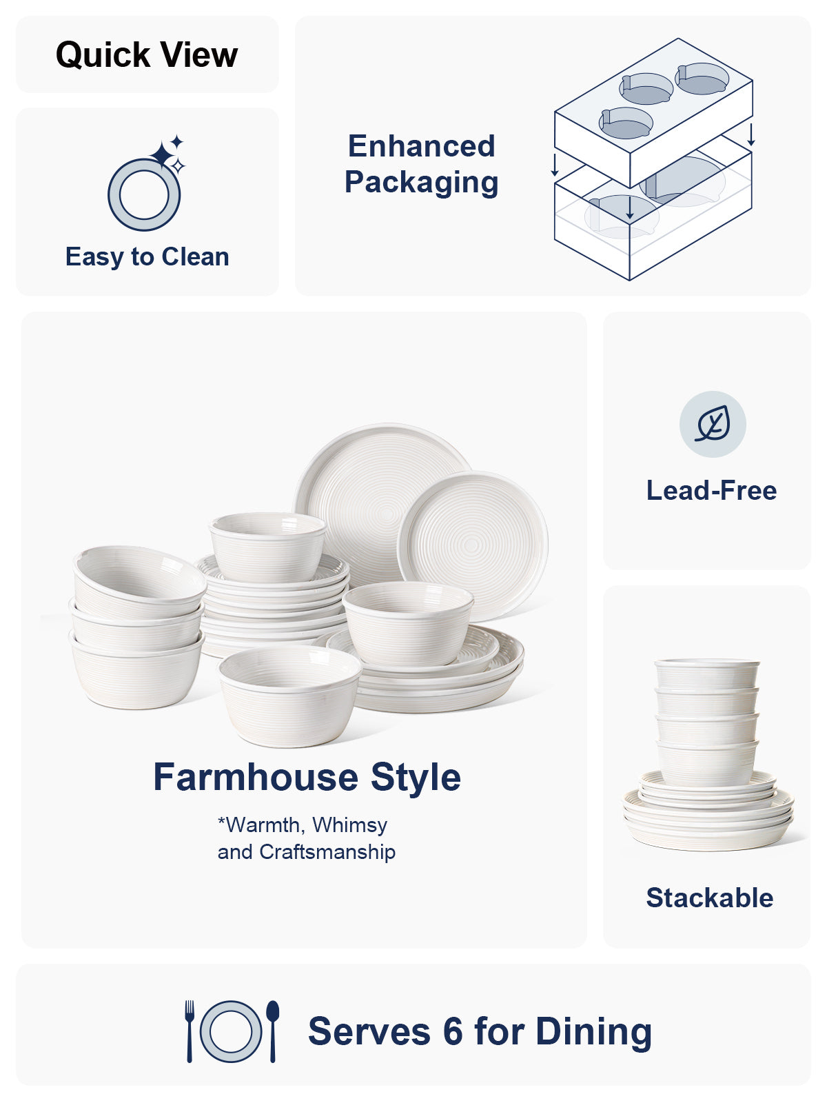 18-Piece Dinnerware Set, Ceramic Plates and Bowls Set for 6, Stoneware Dishes Set for Family, Microwave & Dishwasher Safe -White Dinner Set