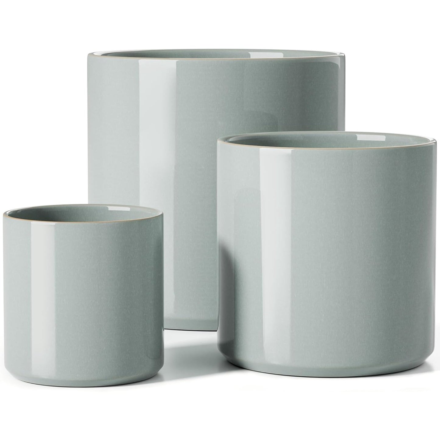 BEMAY 10/8/6 Inch Ceramic Mid-Century Modern Plant Pots with Drainage Hole and Saucer, Set of 3, Reactive Glaze Blue Gray