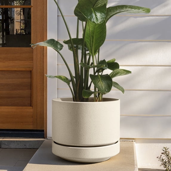 BEMAY 12 Inch Ceramic Plant Pot with Drainage Hole and Saucer, Speckled Oat Round Indoor Outdoor Planter with Mesh Pad and Plug for Houseplants