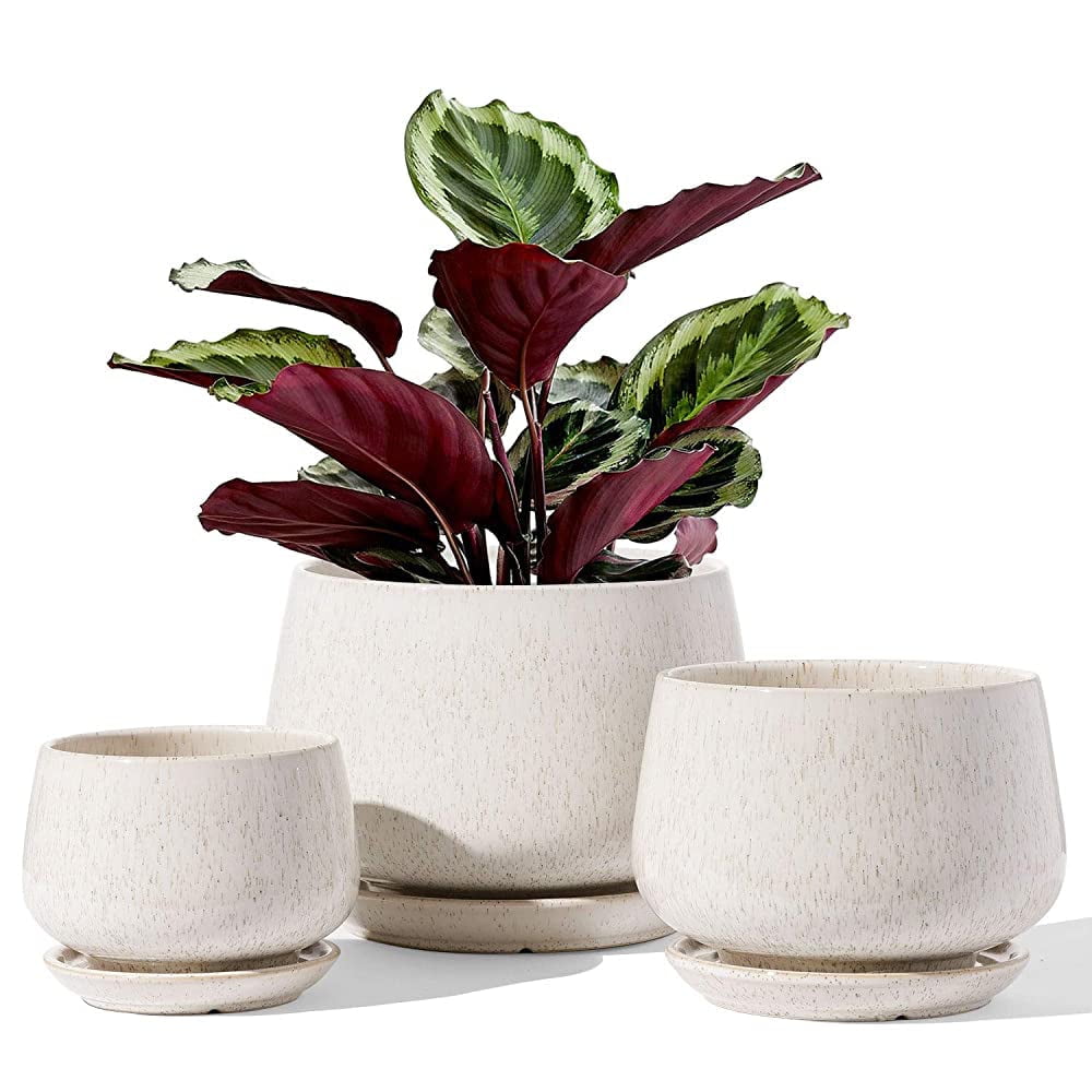 BEMAY 4.1+5.1+6.5 Inch Ceramic Plant Pots with Drainage Hole and Saucer, Set of 3, Reactive Glaze Beige