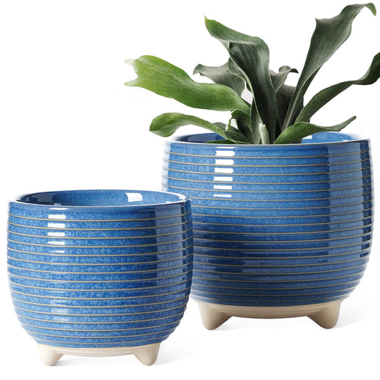 BEMAY Ceramic Flower Pots, 6.4"+5.1" Indoor Plant Pots with Drainage & Plug, Reactive Glaze Blue