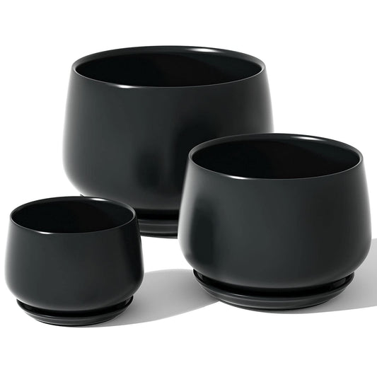 BEMAY Ceramic Plant Pots, 4.1"+5.1"+6.5"Flower Pots with Drainage Hole&Saucer, Pack of 3 Planters,Black