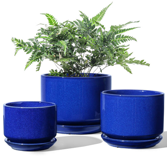 BEMAY Ceramic Plant Pots, 4.3"+5.3"+6.8" Flower Pots with Drainage Hole & Saucer, Pack of Three Planter, Sapphire Blue