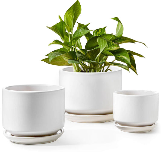 BEMAY Ceramic Plant Pots, 4.3+5.3+6.8 inch Flower Pots with Drainage Hole and Saucer, Pack of 3 Indoor Planters for Home/Patio Decor, White