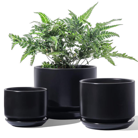 BEMAY Ceramic Plant Pots, 4"+5"+6.8" Flower Pots with Drainage Hole & Saucer, Pack of 3, Black