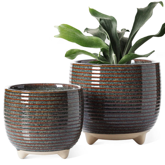 BEMAY Ceramic Plant Pots, 5.1 + 6.4 inch Flower Pots with Drainage, Indoor Planters with Mesh Circle & Plug for Home Office, Reactive Glaze Black