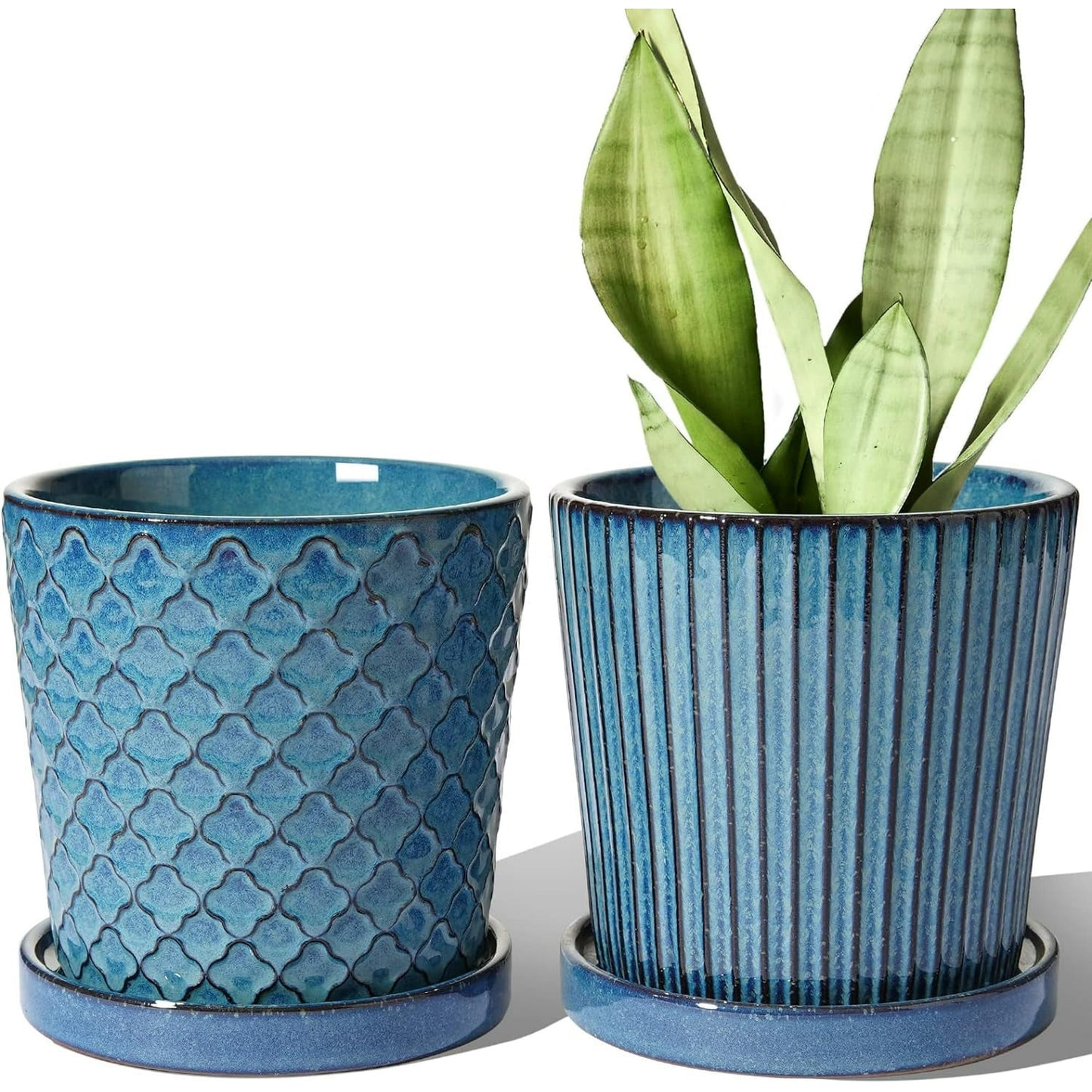 BEMAY Ceramic Plant Pots, 5.5" Indoor Planters with Drainage Hole and Saucer, Pack of 2 Flower Pots for Succulent and Cactus,Blue