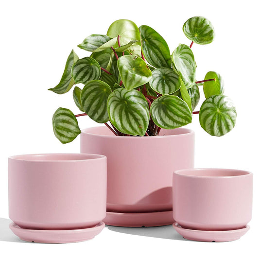 BEMAY Ceramic Planters, Set of 3 (4.3", 5.3", 6.8") Pink Flower Pots with Drainage Hole and Saucer Plant Pots for Home and Office Decor