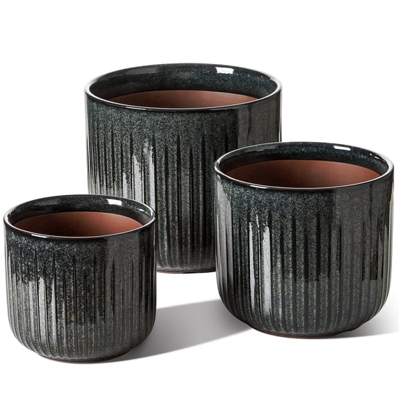 BEMAY Ceramic Planters Set of 3, Dark Olive Plant Pots for Indoor Plants with Drainage Hole, Plug and Mesh Pad Flower Pots