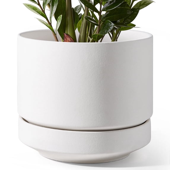 BEMAY 12" Chalk White Unglazed Ceramic Planter Pot with Saucer, Drainage Hole, Mesh Pad and Plug, Large Round Indoor Outdoor Plant Pot for Houseplants