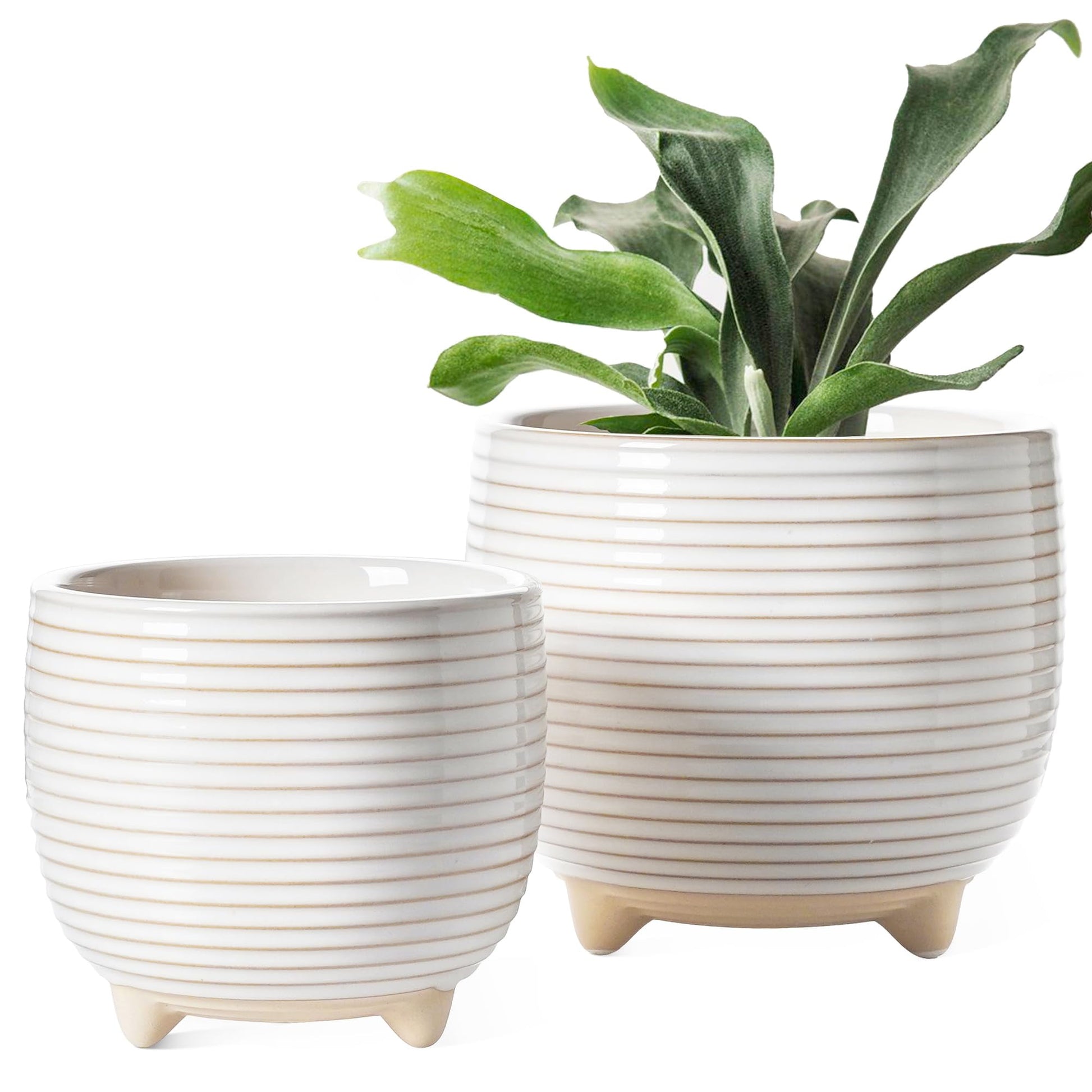 porcelain indoor plant pots BEMAY Planter Pots, 5.1"+6.4" Ceramic Planters with Drainage, Mesh Circle and Plug Indoor Plant Pots for Home Office, Reactive Glaze White