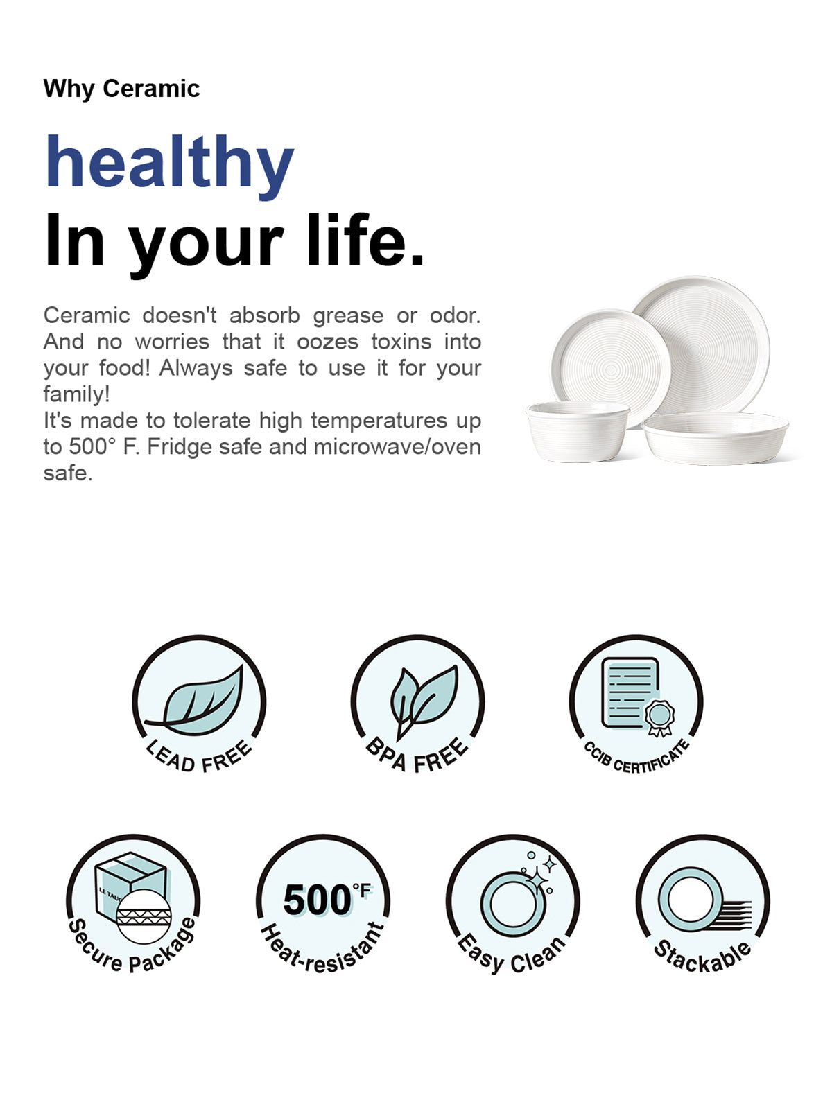 16-Piece Ceramic Dinnerware Set with Plates and Bowls, White Textured Ceramic, Microwave & Dishwasher Safe,Set of 4