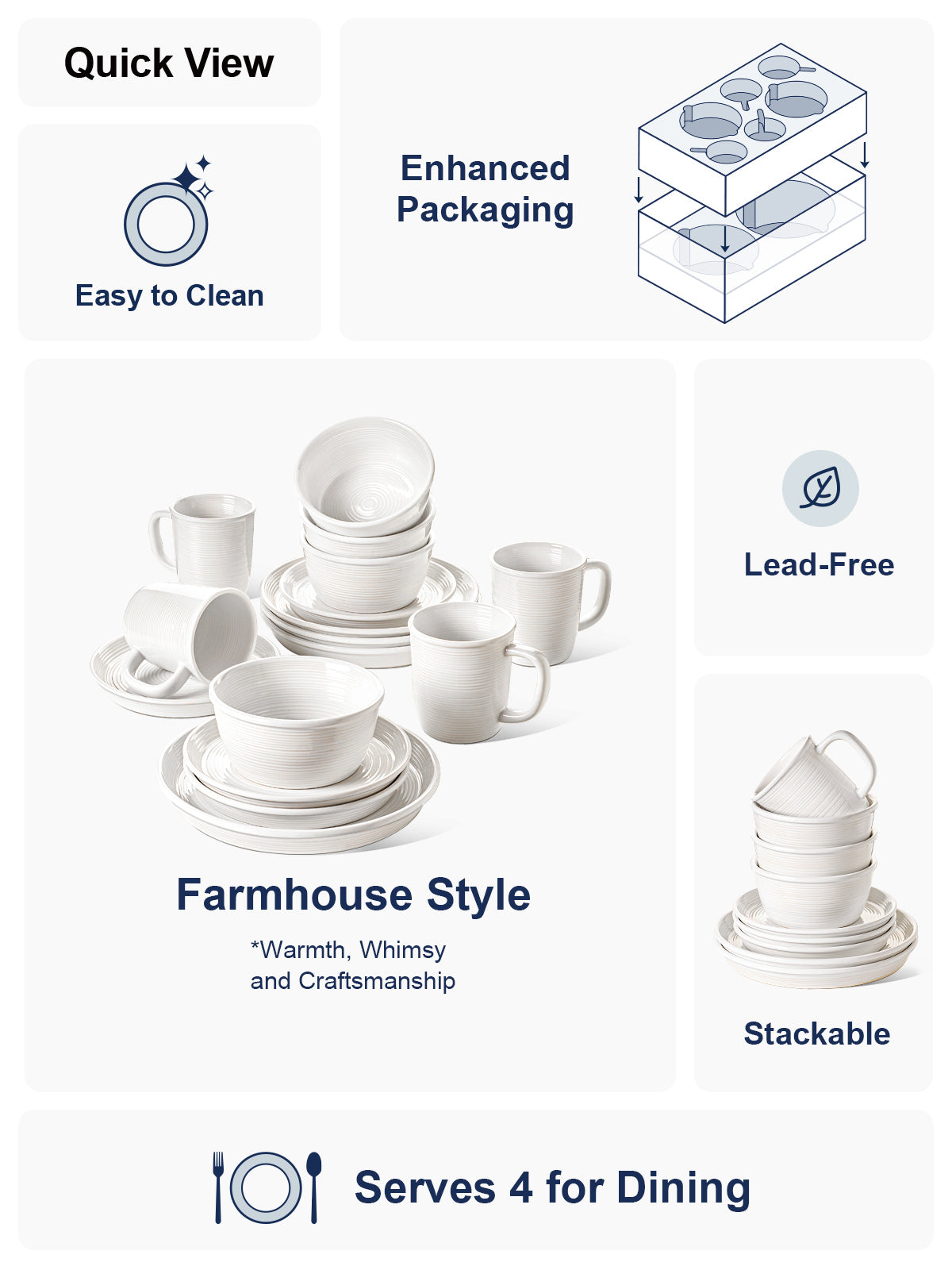 16 Piece White Ceramic Dinnerware Set with Plates, Bowls & Mugs, Microwave & Dishwasher Safe, Service for 4