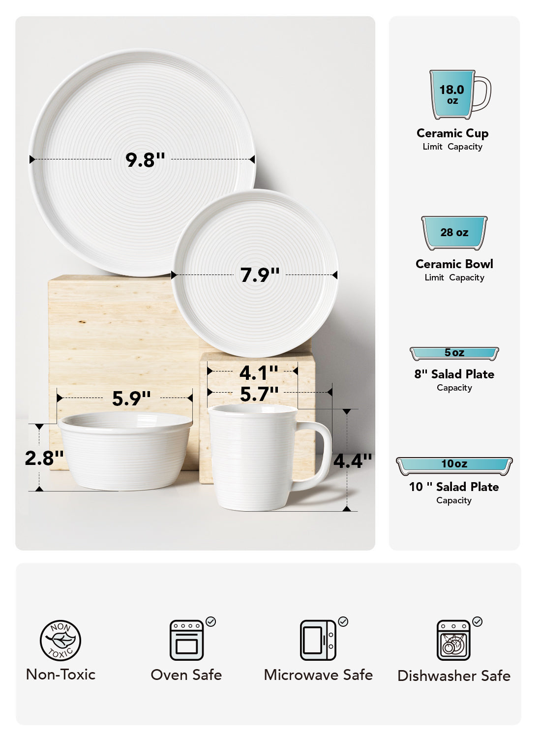 16 Piece White Ceramic Dinnerware Set with Plates, Bowls & Mugs, Microwave & Dishwasher Safe, Service for 4