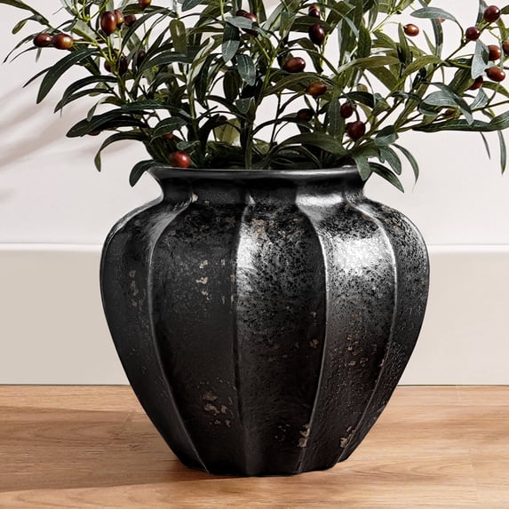 11.3 Inch Donut Vase, Large Black Ceramic Hollow Flower Vase with Bronze Speckle, Modern Decorative Centerpiece for Living Room, Entryway, Shelf, Mantel