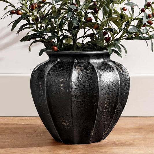 11.3 Inch Donut Vase, Large Black Ceramic Hollow Flower Vase with Bronze Speckle, Modern Decorative Centerpiece for Living Room, Entryway, Shelf, Mantel