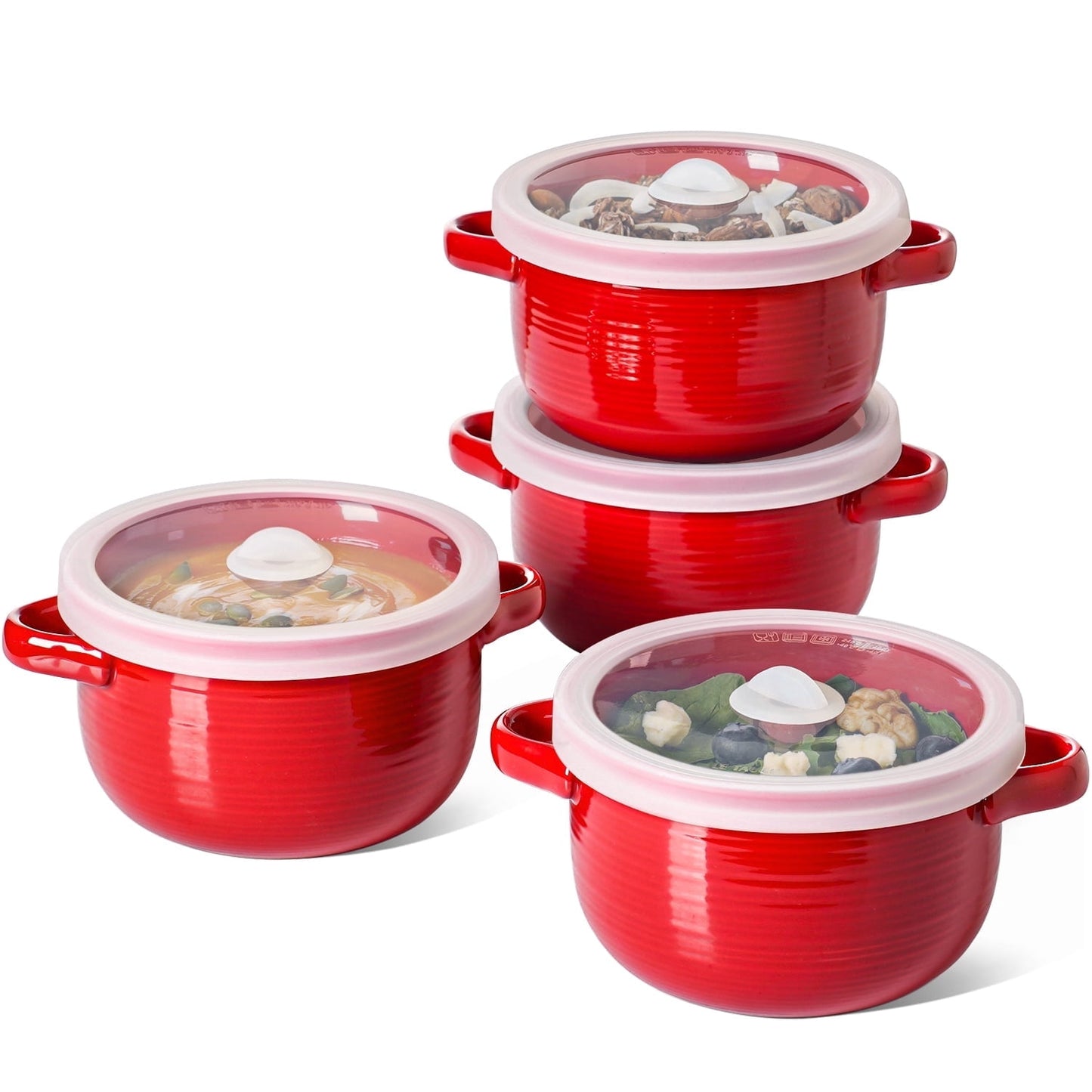 Red Ceramic Soup Bowls with Lids and Handles, 28 oz French Onion Soup Bowls Set of 4, Microwave Safe Bowls for Cereal, Chili, Stew and Leftovers