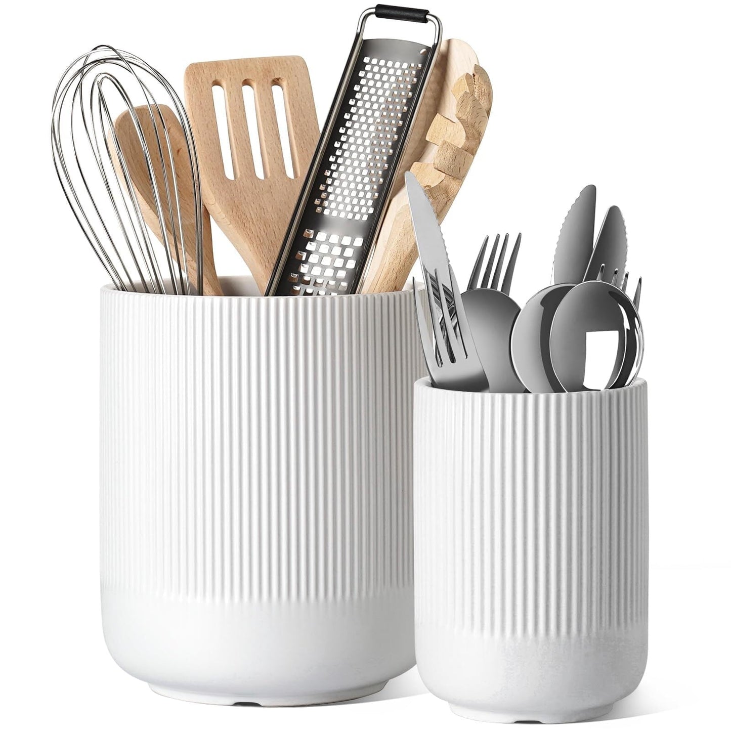 Set of 2 Utensil Holders, 7.3"+5.4" Ceramic Crocks for Kitchen, Cooking Organizer & Plant Pots, White Utensil Caddy