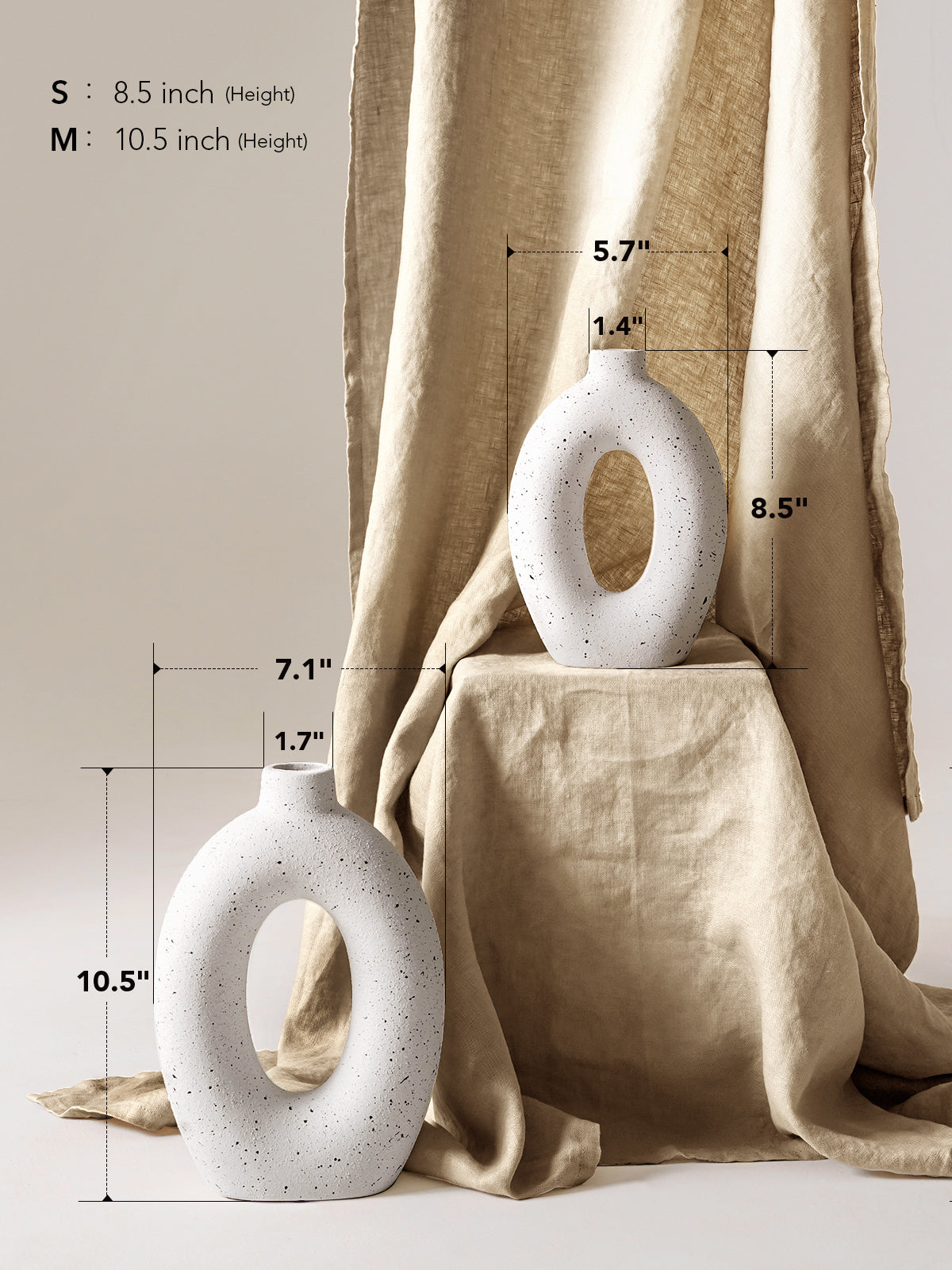 Set of 2 (8.5"+10") Speckled White Ceramic Donut Vases for Minimalist Home Decor, Living Room or Entryway Display