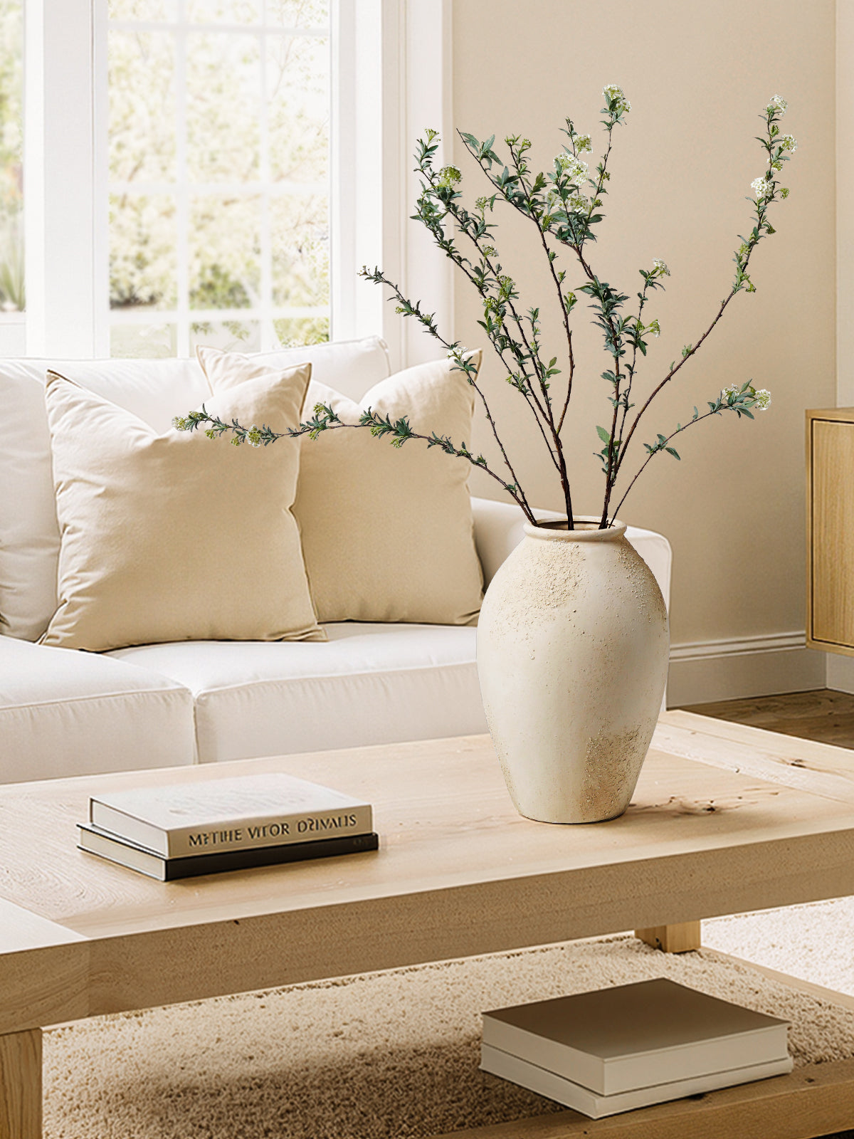 11.5 Inch Ceramic Vase, Decorative Flower Vase for Home Decor, Rustic Cream Beige Tabletop Vase for Living Room, Shelf, Mantel and Entryway