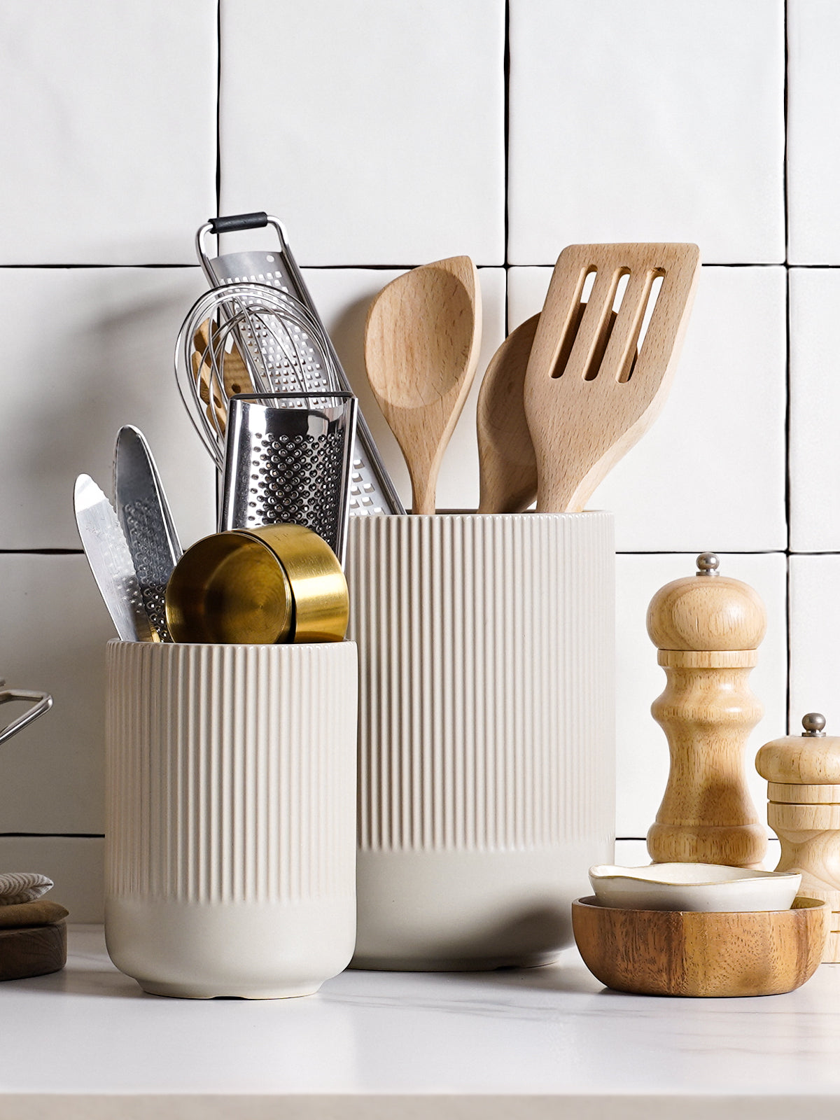 2-Pack Utensil Holders, 7.3"+5.4" Ceramic Crocks for Kitchen, Cooking Organizer & Plant Pots, Oatmeal Gray Kitchen Organizer