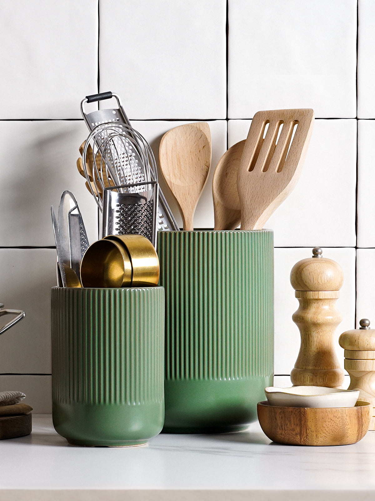 2-Pack Kitchen Utensil Holders, 7.3"+5.4" Ceramic Crocks for Kitchen, Cooking Organizer & Plant Pots, Forest Green Utensil Holder