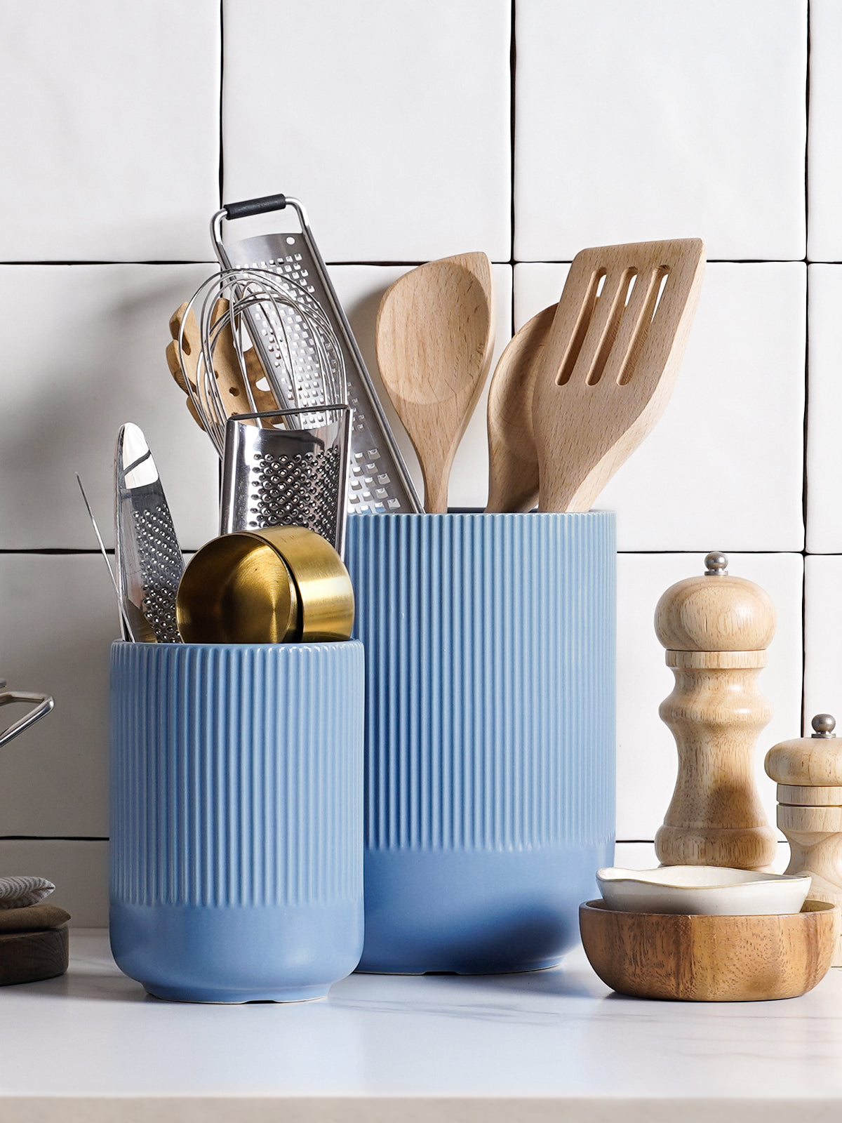 Utensil Holder Set of 2, 7.3"+5.4" Ceramic Crocks for Kitchen Storage, Dusty Blue Kitchen Utensil Holders