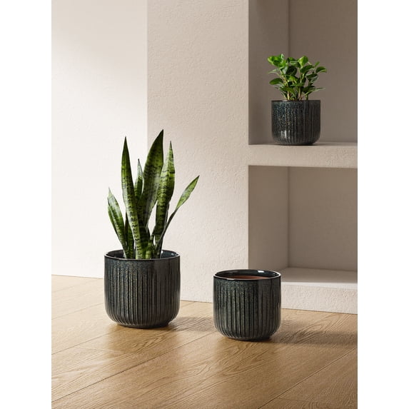 BEMAY Ceramic Planters Set of 3, Dark Olive Plant Pots for Indoor Plants with Drainage Hole, Plug and Mesh Pad Flower Pots