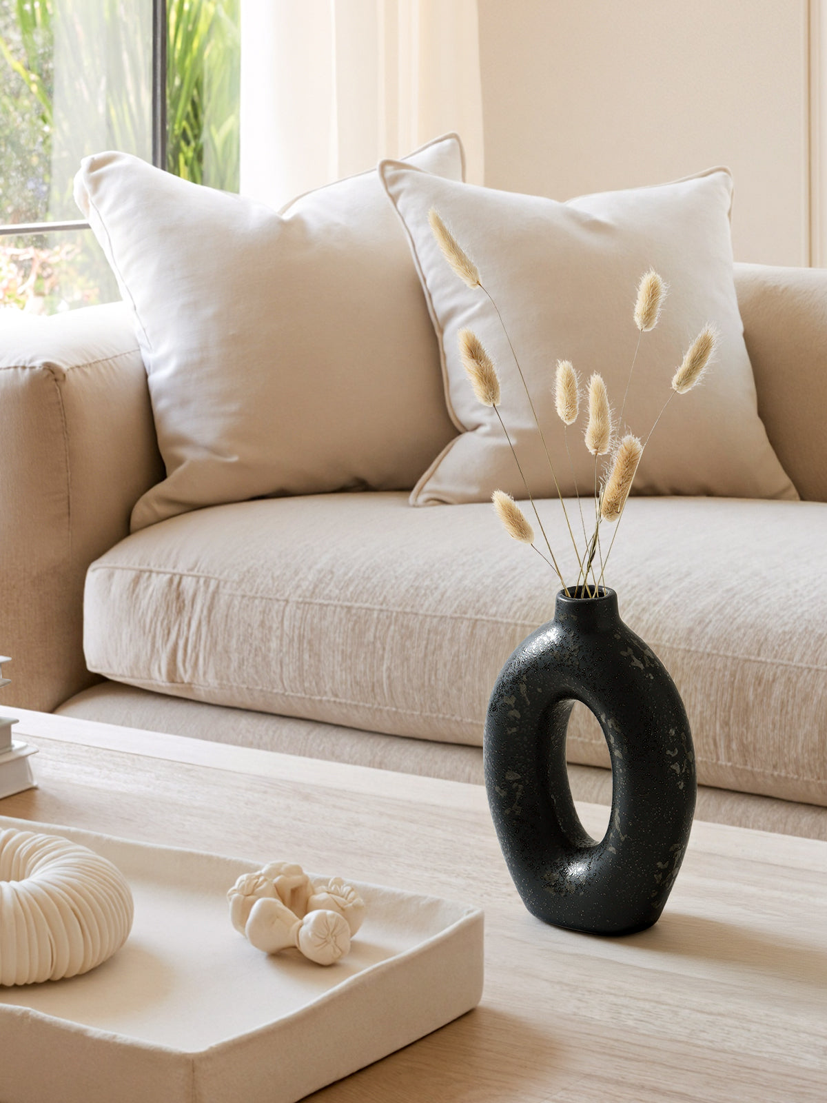 10.5” & 8.5” Black Ceramic Vase Set of 2, Modern Decorative Donut Vase for Home Decor, Contemporary Flower Vase for Table Centerpiece, Living Room, Shelf & Entryway