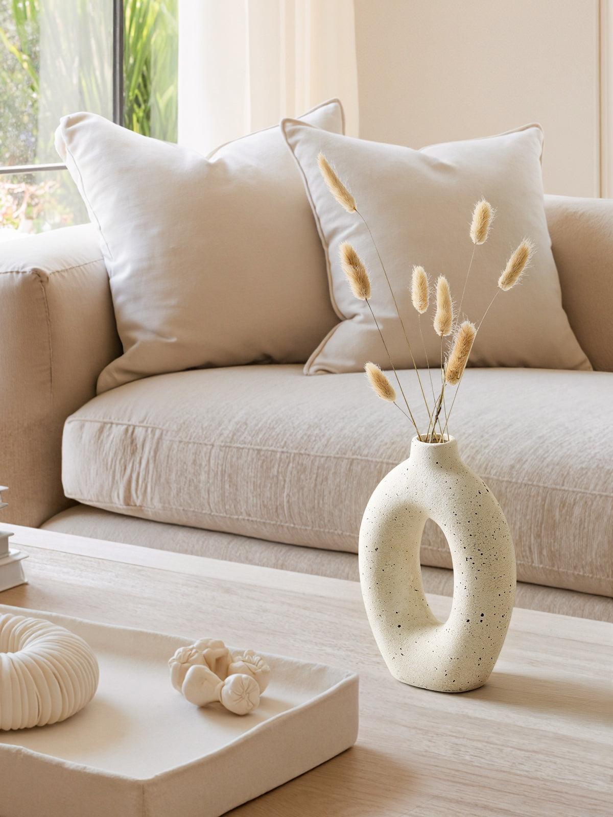 10.5" & 8.5" Ceramic Vase, Decorative White Donut Vase for Home Decor, Modern Farmhouse Neutral Flower Vase for Table Centerpiece, Living Room, Shelf, Entryway, Set of 2 Vase