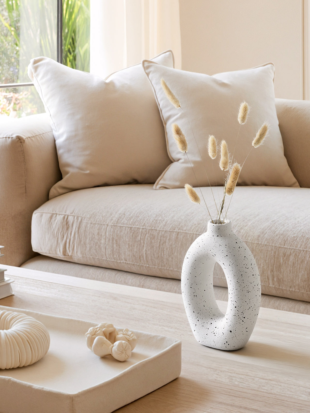 Set of 2 (8.5"+10") Speckled White Ceramic Donut Vases for Minimalist Home Decor, Living Room or Entryway Display