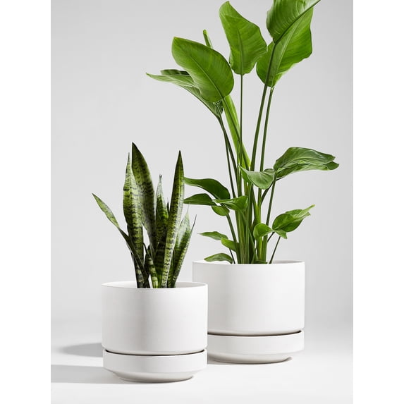 BEMAY 12" Chalk White Unglazed Ceramic Planter Pot with Saucer, Drainage Hole, Mesh Pad and Plug, Large Round Indoor Outdoor Plant Pot for Houseplants