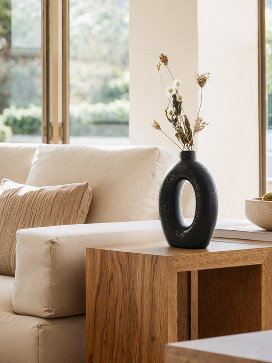 10.5” & 8.5” Black Ceramic Vase Set of 2, Modern Decorative Donut Vase for Home Decor, Contemporary Flower Vase for Table Centerpiece, Living Room, Shelf & Entryway